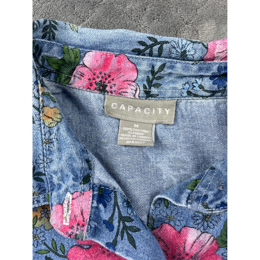 Vintage 90s CAPACITY Women M Denim Floral Shirt Blue Pink Button Up Long Sleeve - Picture 10 of 13